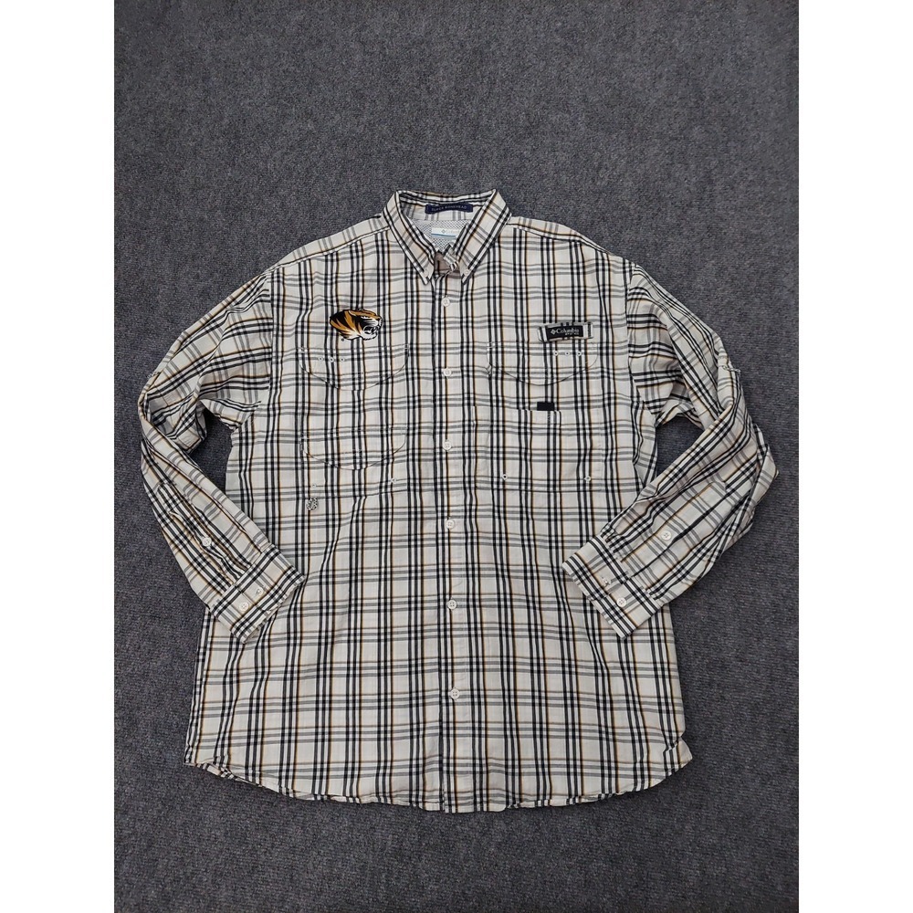 Missouri Tigers MIZZOU Columbia PFG Shirt Mens Medium Black Plaid Fishing Vented